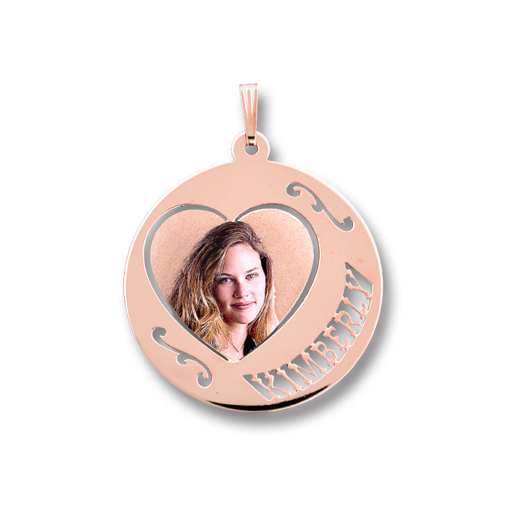 Personalized 14K Gold Picture Pendant - Round Shape with Floral Design, Heart and Name Cut-Out