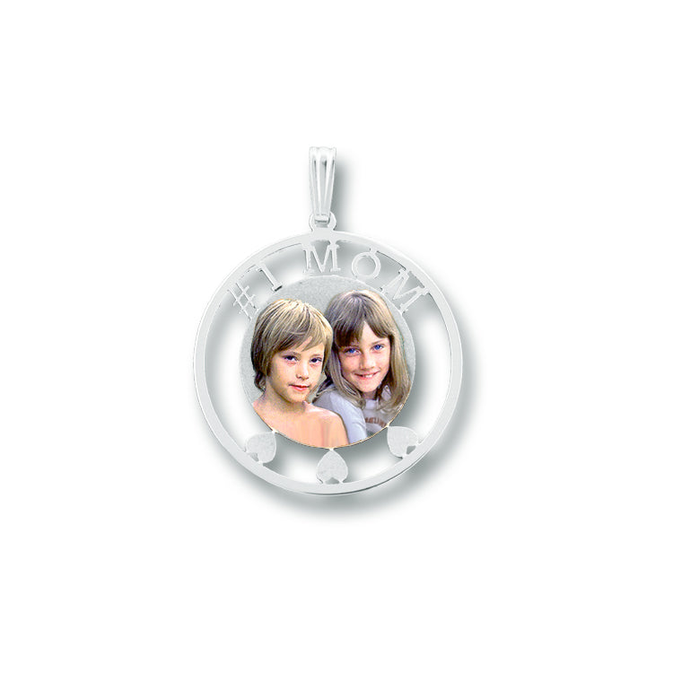 Picture Pendant - Round Shape with Heart and Name Cut-Out for Personalized Photo Charm | Sterling Silver