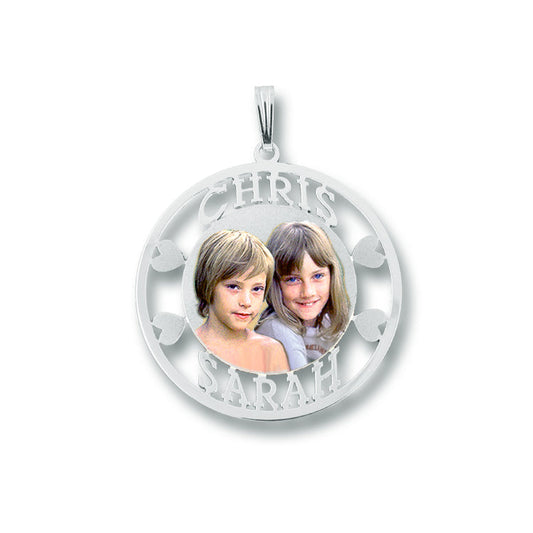 Personalized Picture Pendant - Round Shape with Heart and Name Cut-Outs | Sterling Silver