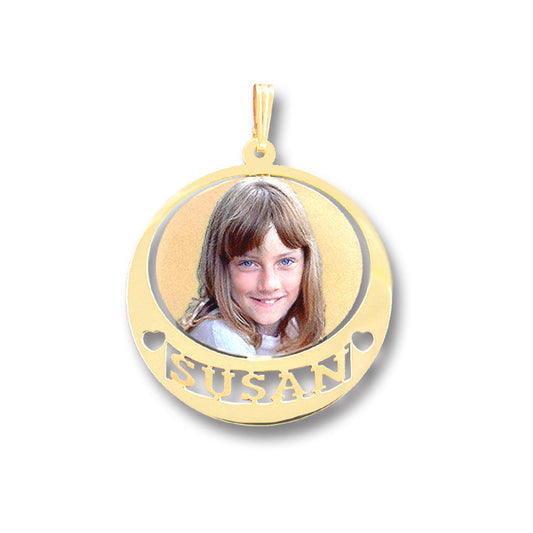 14K Gold Picture Pendant - Round Shape with Heart Punch-Out and Name Cut-Out for Personalized Photo Charm