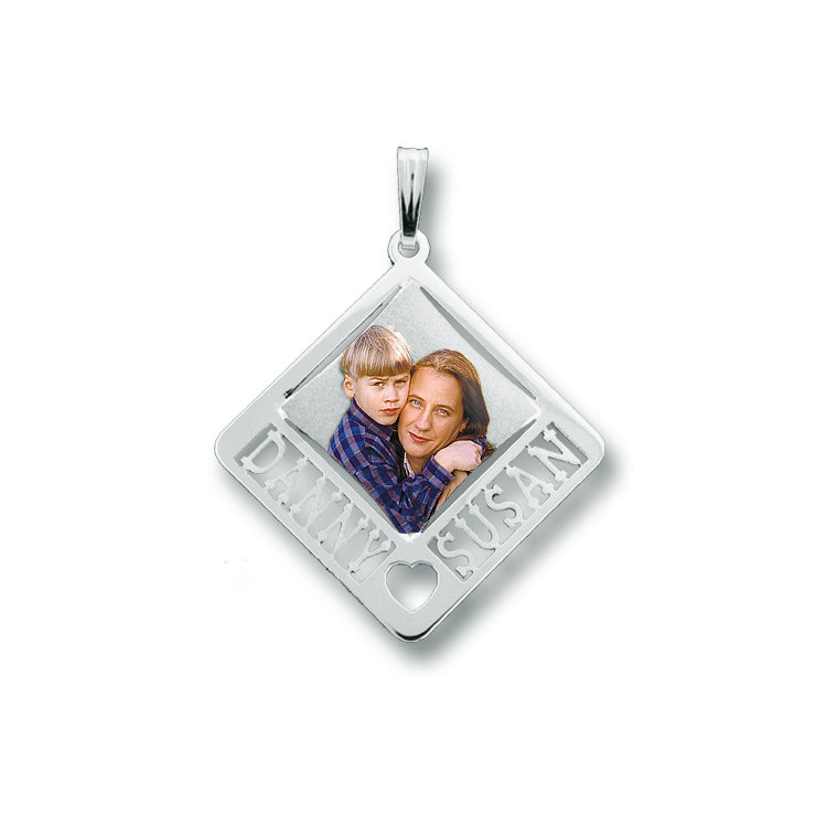Personalized Picture Pendant - Rectangle Shape with Heart Punch-Out and Two Names | Sterling Silver