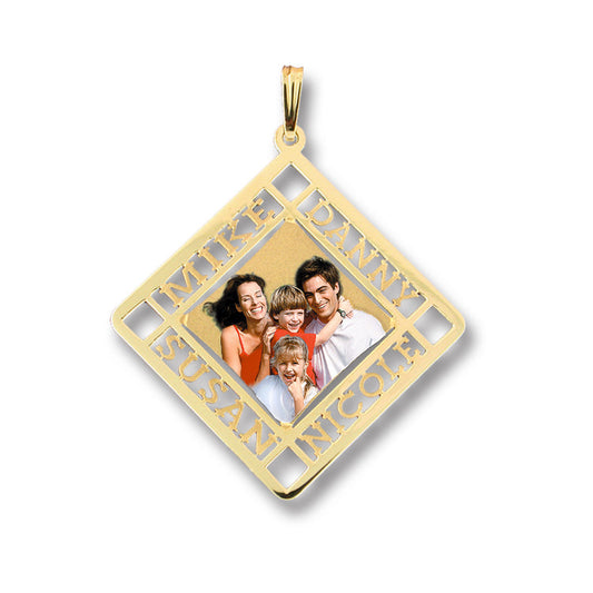 Personalized 14K Gold Picture Pendant with Four Name Cut-Outs - Rectangle Shape