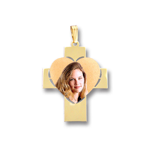 14K Gold Picture Pendant - Cross with Heart Cut-Out Shape for Personalized Photo Charm