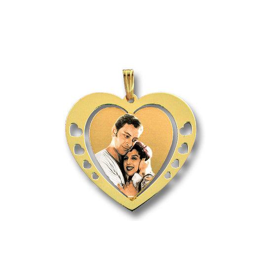 14K Gold Heart Shaped Picture Pendant with Hearts on Each Side