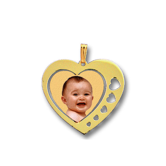 14K Gold Heart Shaped Picture Pendant with Hearts Punch Out - Personalized Photo Charm with HD Laser Printed Custom Jewelry
