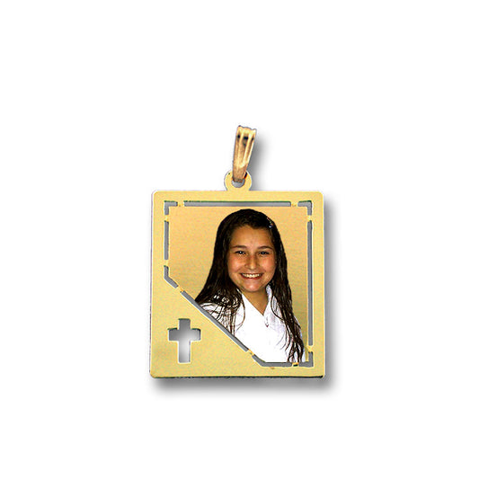 Customizable Picture Pendant - 14K Gold Rectangle Shape with Cross Punch Out for Personalized Photo Charm