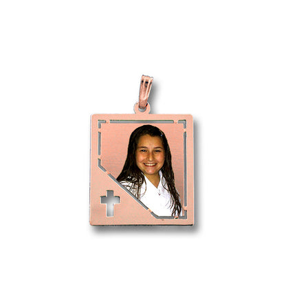 Customizable Picture Pendant - Rectangle Shape with Cross Punch Out for Personalized Photo Charm | Sterling Silver