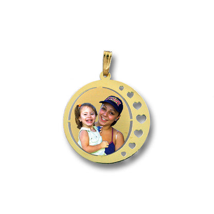 Round Picture Pendant 14K Gold with Hearts Punch Out - Personalized Custom Jewelry with Your Pictures