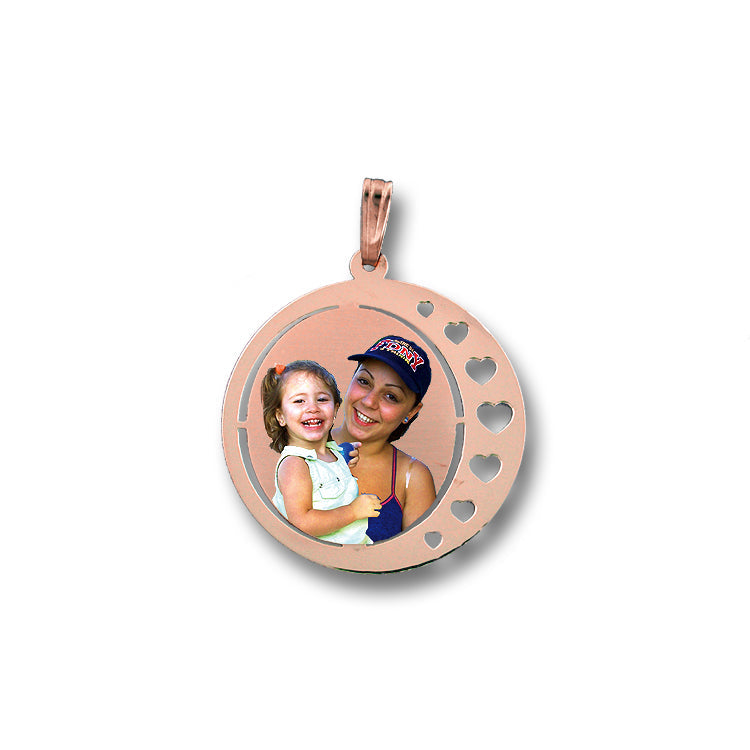 Round Picture Pendant 14K Gold with Hearts Punch Out - Personalized Custom Jewelry with Your Pictures