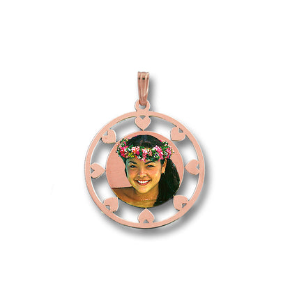 Customizable Picture Pendant - Circle Shape with Hearts Cut Out for Personalized Photo Charm and HD Laser Printed Custom Jewelry | Sterling Silver
