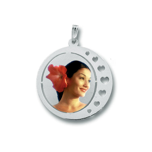 Round Picture Pendant with Hearts Punch Out - Personalized Custom Jewelry with Your Pictures | Sterling Silver