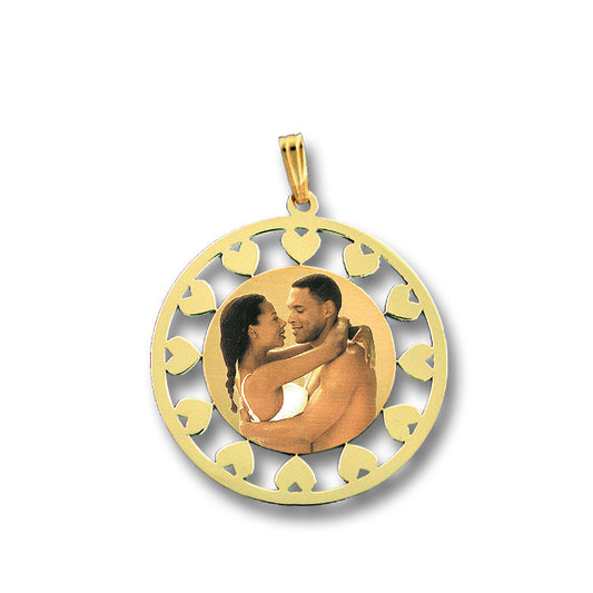 Customizable Picture Pendant - 14K Gold Circle Shape with Hearts Cut Out for Personalized Photo Charm and HD Laser Printed Custom Jewelry