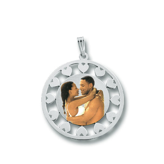 Customizable Picture Pendant - Circle Shape with Hearts Cut Out for Personalized Photo Charm and HD Laser Printed Custom Jewelry | Sterling Silver