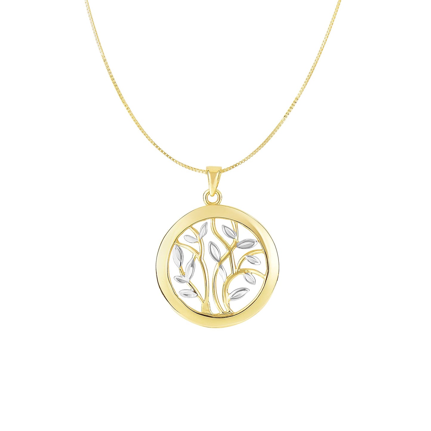 Two Tone 14K Yellow & Gold Tree of Life Polished Circle Pendant Charm Necklace