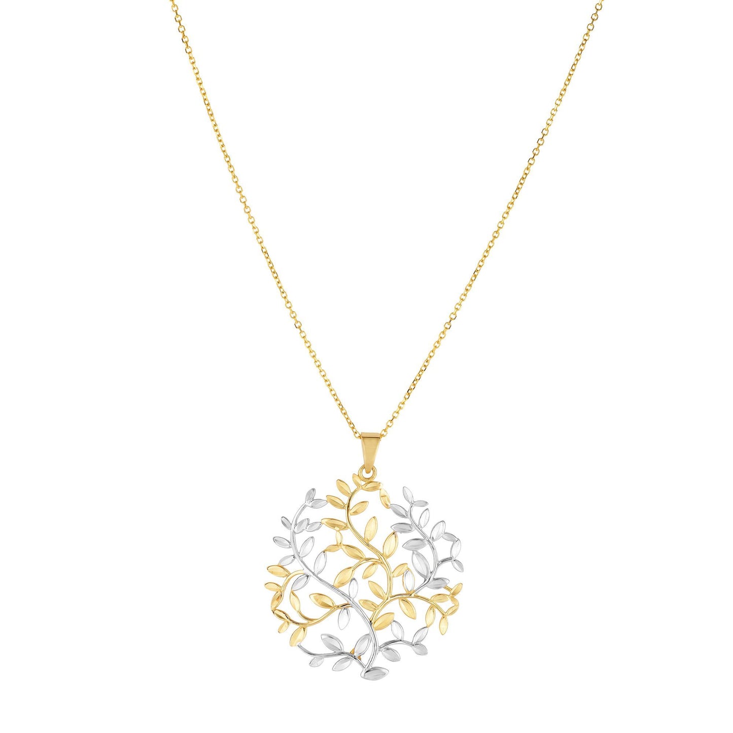 Two Tone 14K Gold & Gold Tree of Life Pendant Charm Necklace