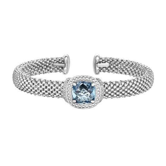 Sterling Silver with Fancy Cuff Popcorn Bangle 0.11ct White Diamond 5.180ct Cushion Sky Blue Topaz
