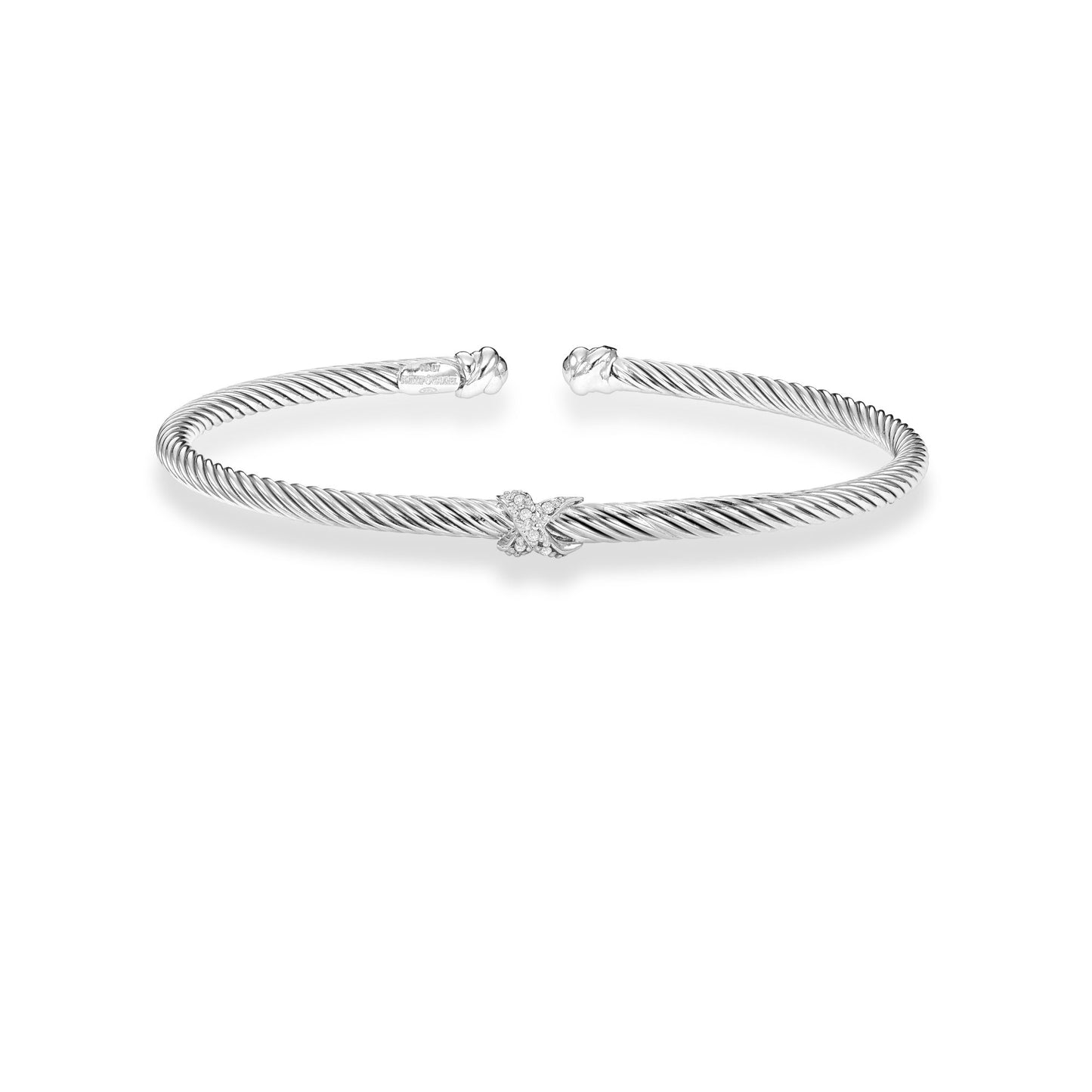 Sterling Silver with Textured Cuff X Bangle with 0.03ct White Diamond