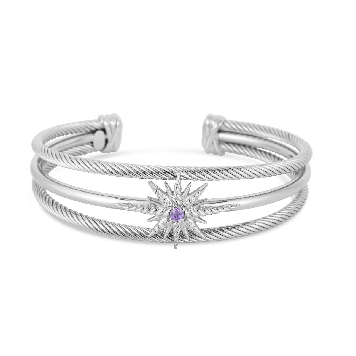Sterling Silver Amethyst & .06ct Diamond Cable Constellation Triple Row Cuff