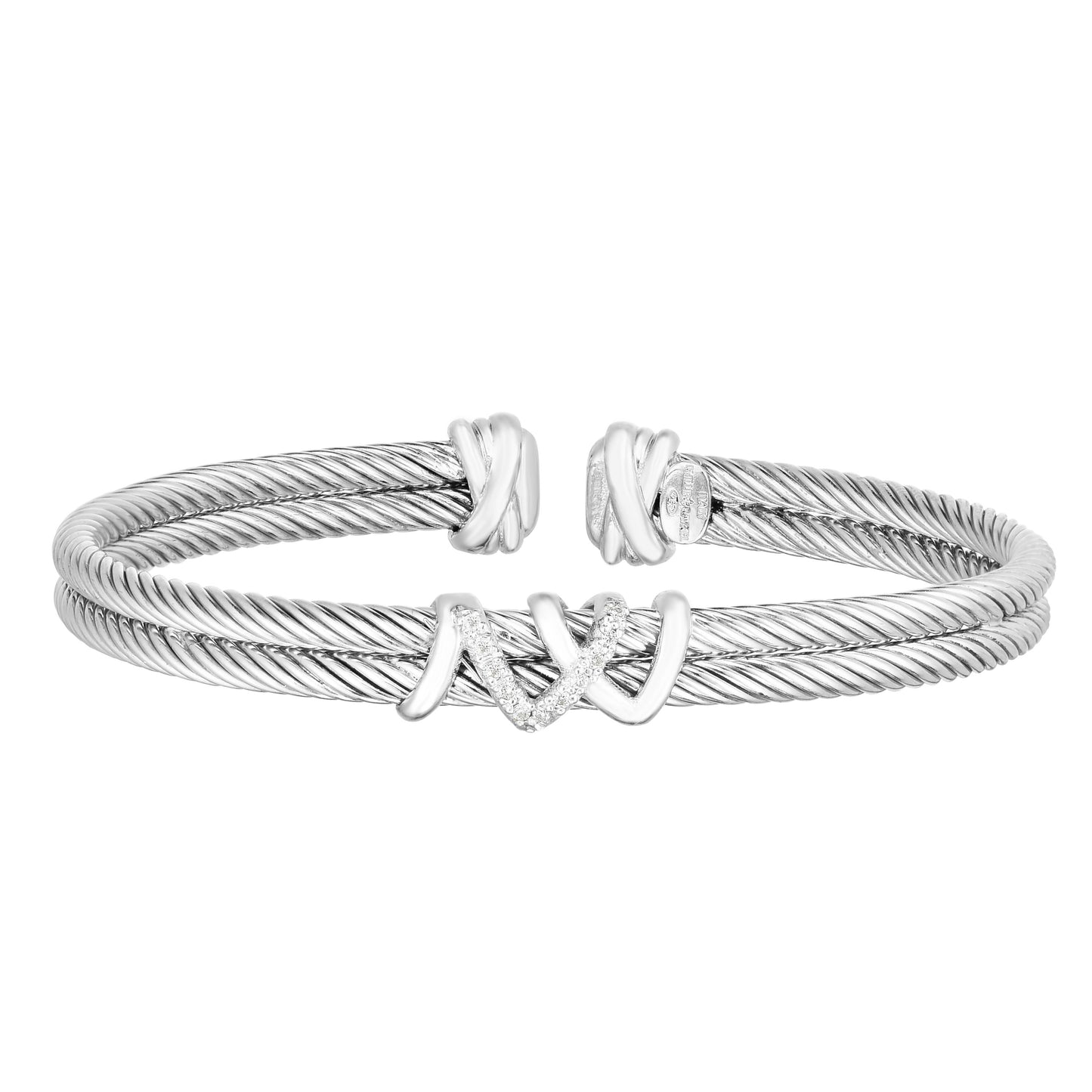 Sterling Silver with 8.5mm Polished Double Strand Cuff Italian Cable Bangle with 0.06ct White Diamond