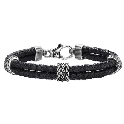 Sterling Silver with Oxidized Finish Textured Fancy Woven Black Leather Bracelet with Lobster Clasp