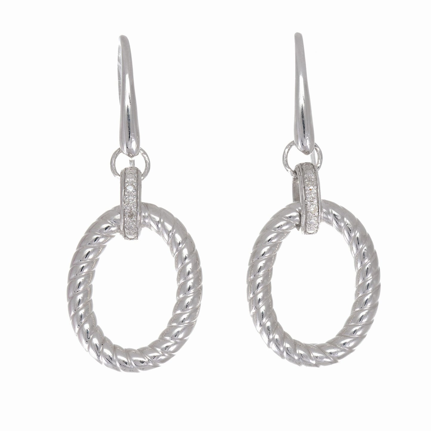 Sterling Silver with Open Oval Drop Earring with White Diamond
