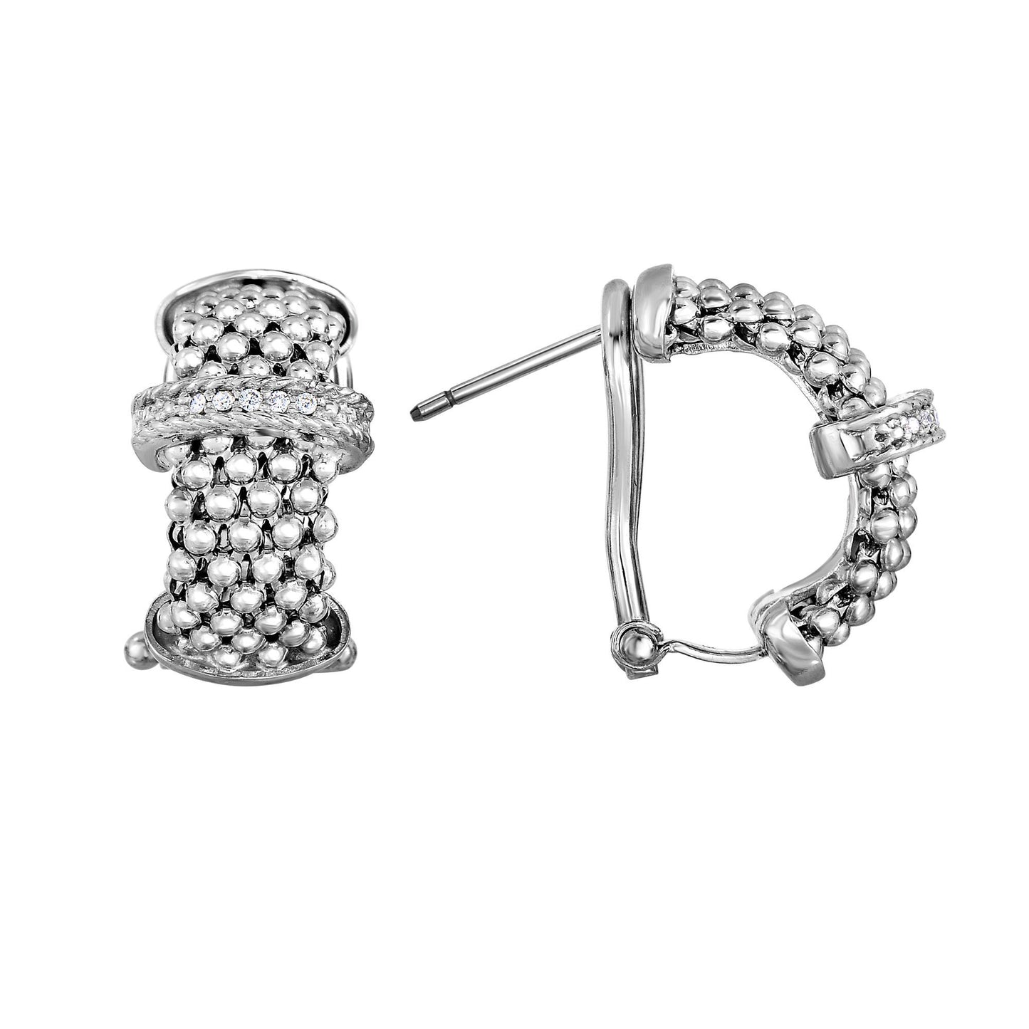 Silver with Rhodium Finish 18X5mm Popcorn Textured Half Moon Post Earring with Center 0.06Ct.Diamond Bar with Omega Clasp
