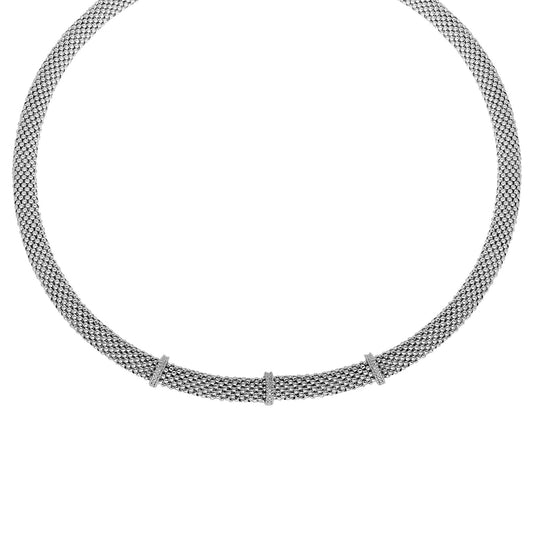 Sterling Silver with Popcorn Texture d Domed Necklace with.Diamond Bar Stations with Giant Spring Ring Clasp