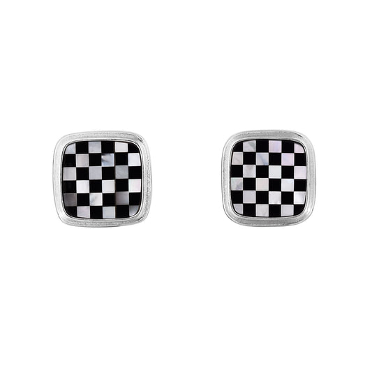 Sterling Silver 5.0Ct. White Mother Of Pearl Black Agate Checkerboard Square Fancy Cufflinks