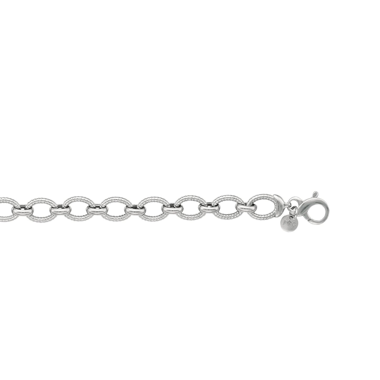Sterling Silver Italian Cable Link Bracelet with Alternating Small Oval Links and Large Tight Twisted Texture Oval Link