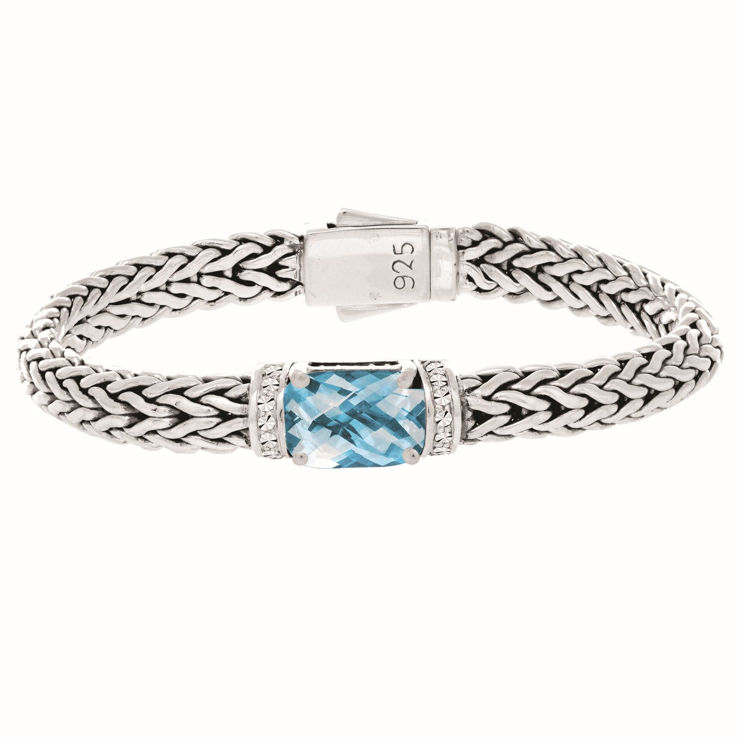 Sterling Silver Oval Weave Bracelet with Center Featured Precious/Semi-Precious Stones