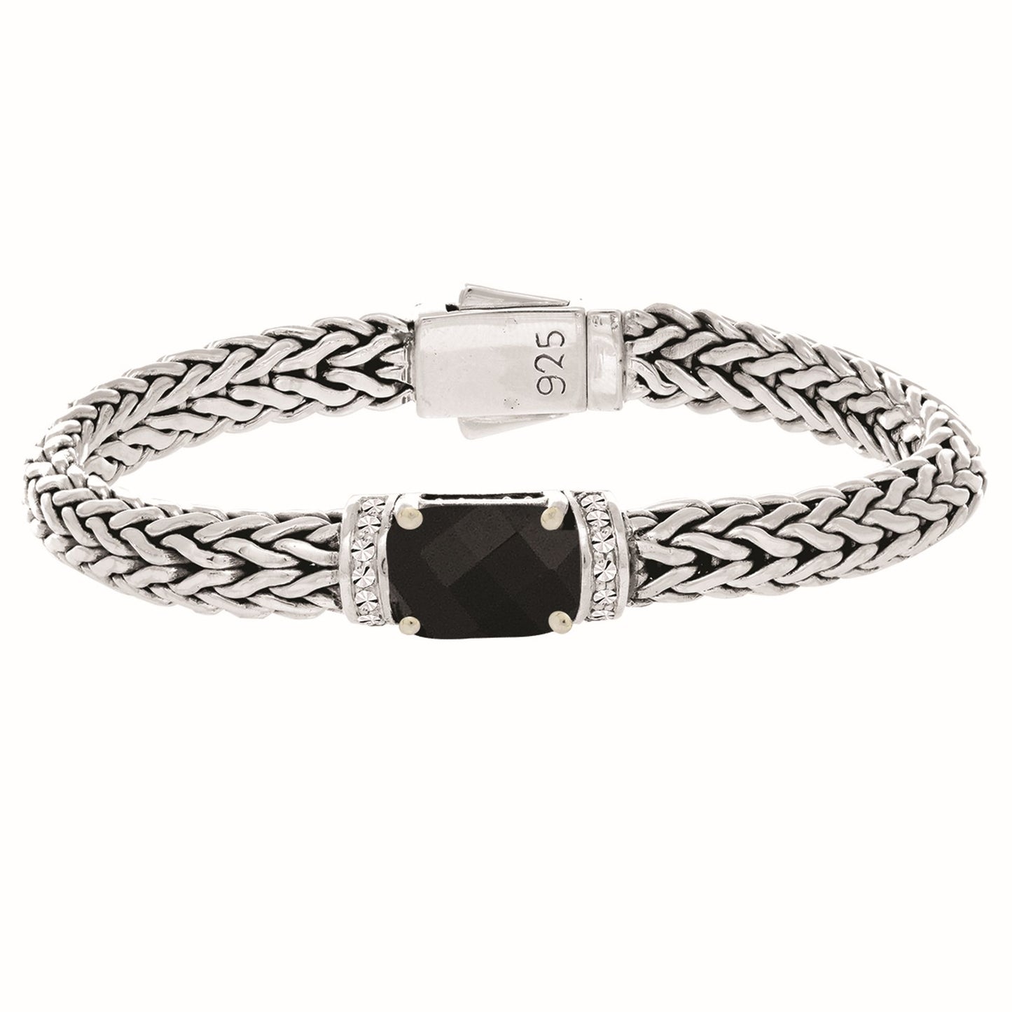 Sterling Silver Oval Weave Bracelet with Center Featured Precious/Semi-Precious Stones