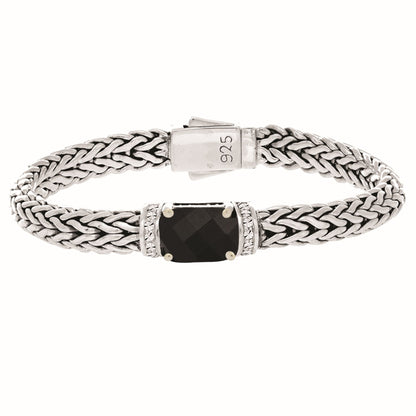 Sterling Silver Oval Weave Bracelet with Center Featured Precious/Semi-Precious Stones