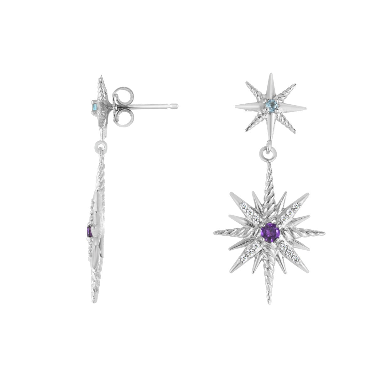 Sterling Silver Amethyst & .12ct Diamond Cable Constellation Drop Earrings