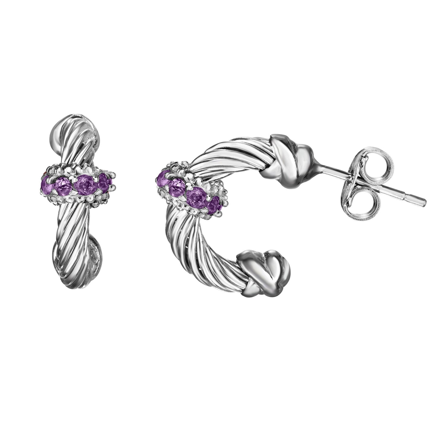 Sterling Silver with Rhodium Finish 6.2x16mm Shiny Twisted Round Tube Drop Fancy Earring with Push Back Clasp 0.5000ct 2mm Round Amethyst