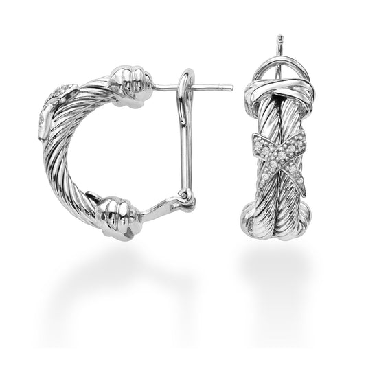Sterling Silver with Rhodium Finish Textured Curve X Earring with Omega Back Clasp with 0.080ct White Diamond