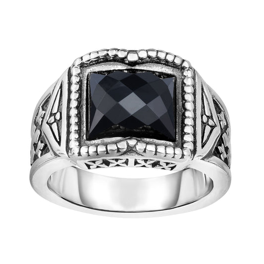 Sterling Silver Graduated Mens Ring with Fleur De Lys Symbol and Black Onyx
