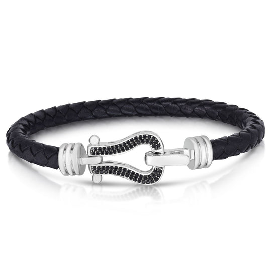Sterling Silver with Polished Black Leather Bracelet with Hook & Snap Clasp