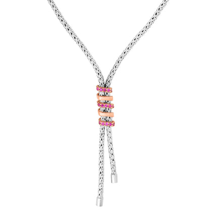 Sterling Silver Double Strand Woven Necklace with Round Pink Sapphires