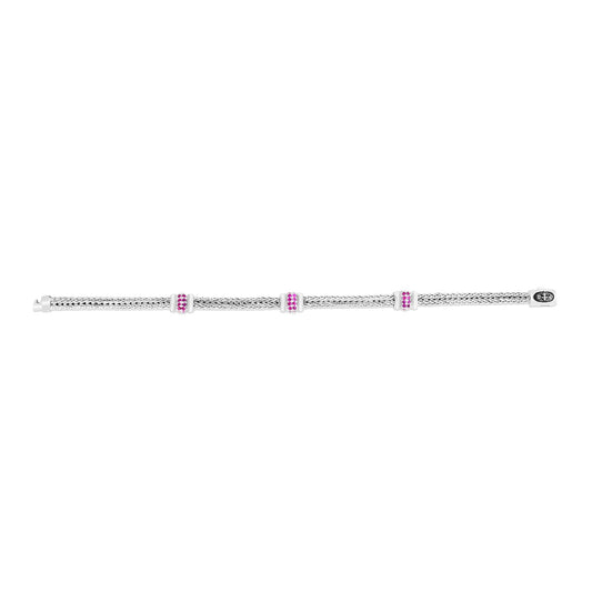 Sterling Silver Woven Three Station Bracelet with Semi-Precious Stones and Box Clasp