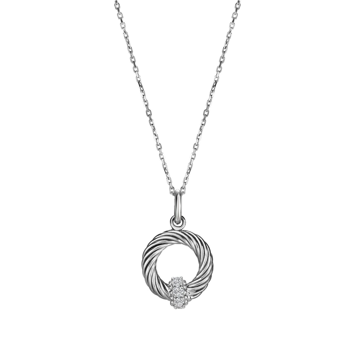 Round Pendant with White Diamonds on Sterling Silver with Diamond Cut Classic Cable Chain with Lobster Clasp