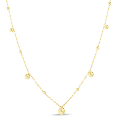 14K Gold Polished Bead Stations Necklace with Lobster Clasp