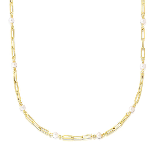 14K Gold Paperclip Necklace with Freshwater Pearl Stations