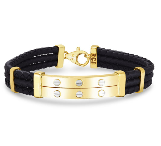 14K Gold Black Rubber Cord Multi-Row Bar Bracelet for Men.