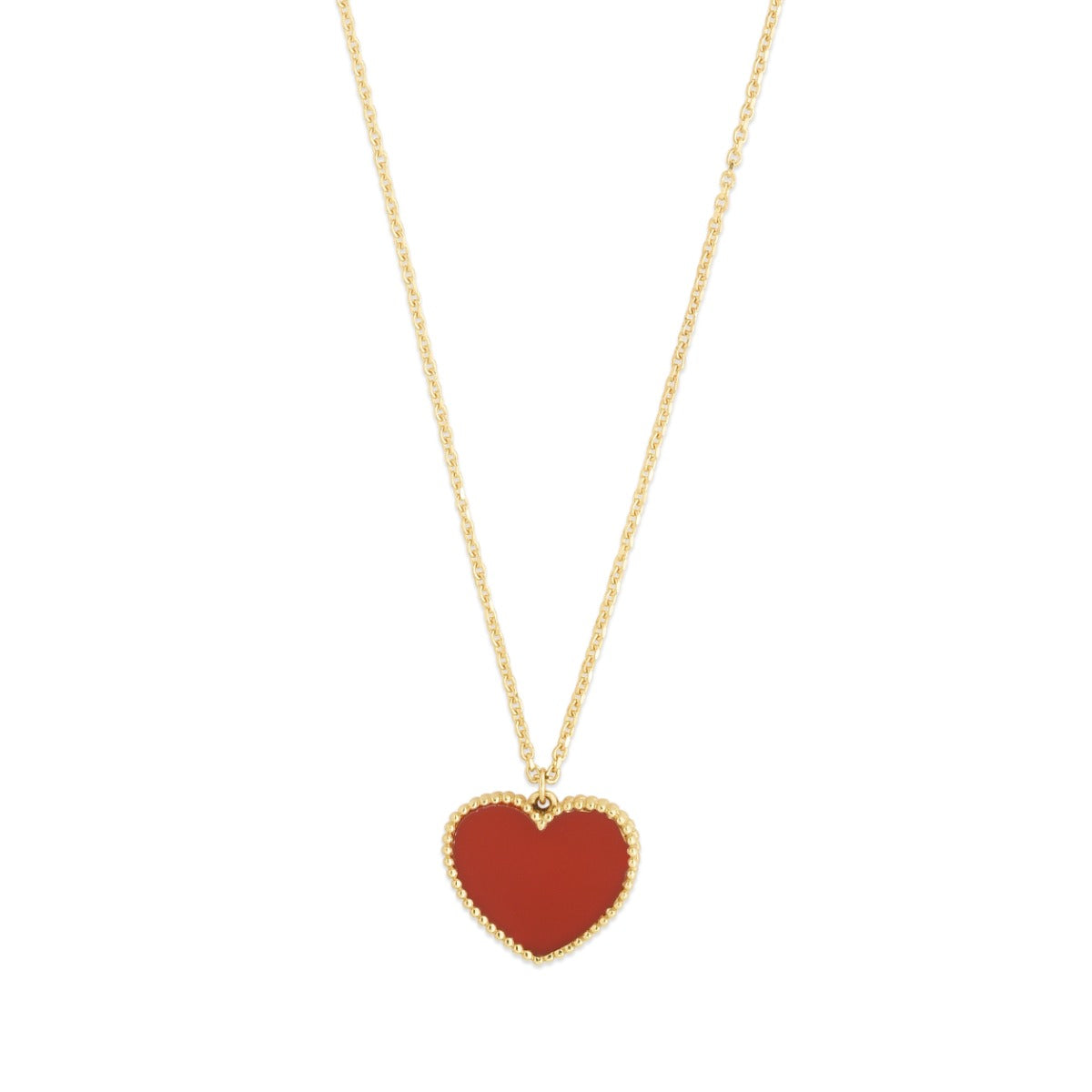 14K Gold Polished Heart Necklace with Lobster Clasp with Paste of Cornelian