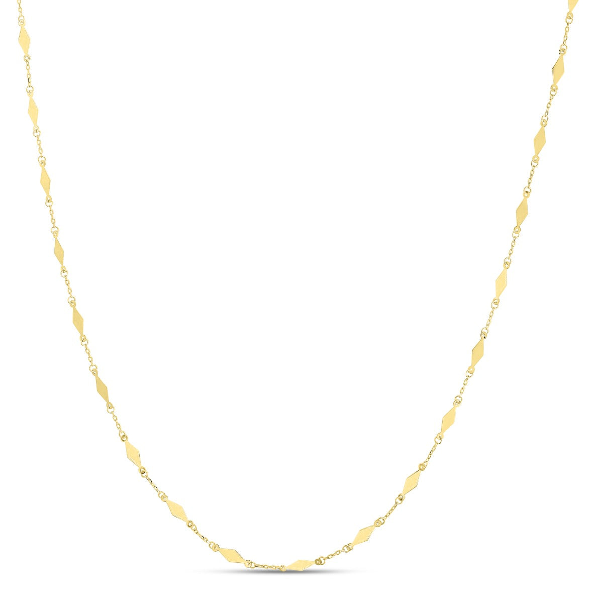 14K Gold Polished Long Diamond Shape Station Mirror Chain Necklace with Lobster Clasp