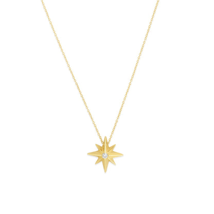 14K Gold and Diamond North Star Pendant Charm Necklace with Lobster Clasp