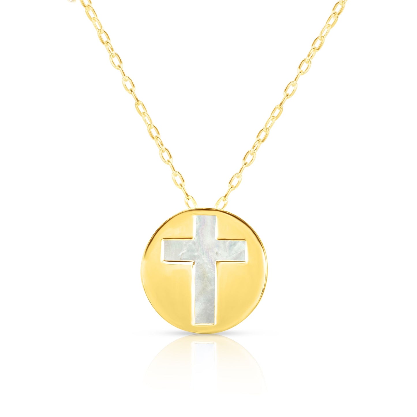 14K Gold Cross Charm Pendant with Mother of Pearl Necklace