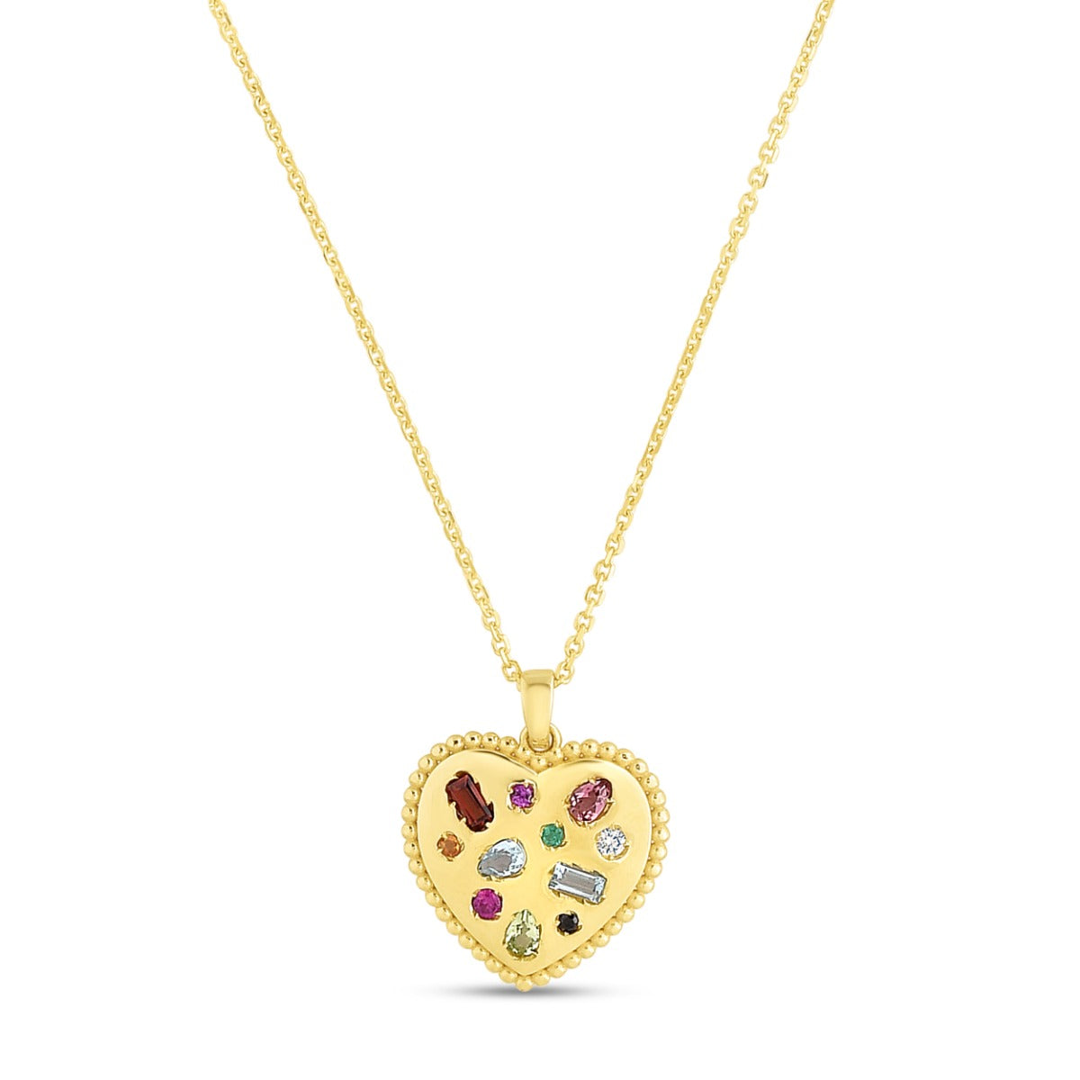 Gemstone Inlay and 14K Gold Yellow Polished Heart Beaded Pendant Chain Necklace with Lobster Clasp