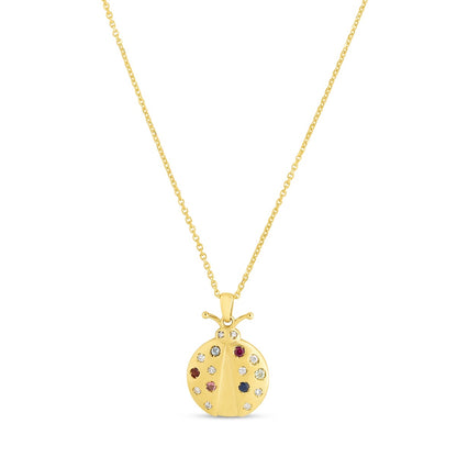 Gemstone Inlay 14K Gold Yellow Polished Lady Bug Pendant Chain Necklace with Lobster Clasp