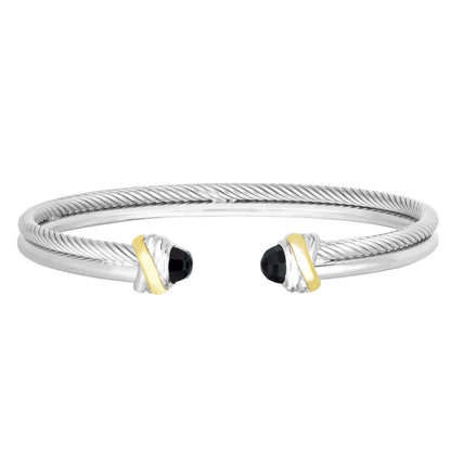 18K Gold & Sterling Silver Textured Double Strand Italian Cable Cuff Bangle with White Diamond